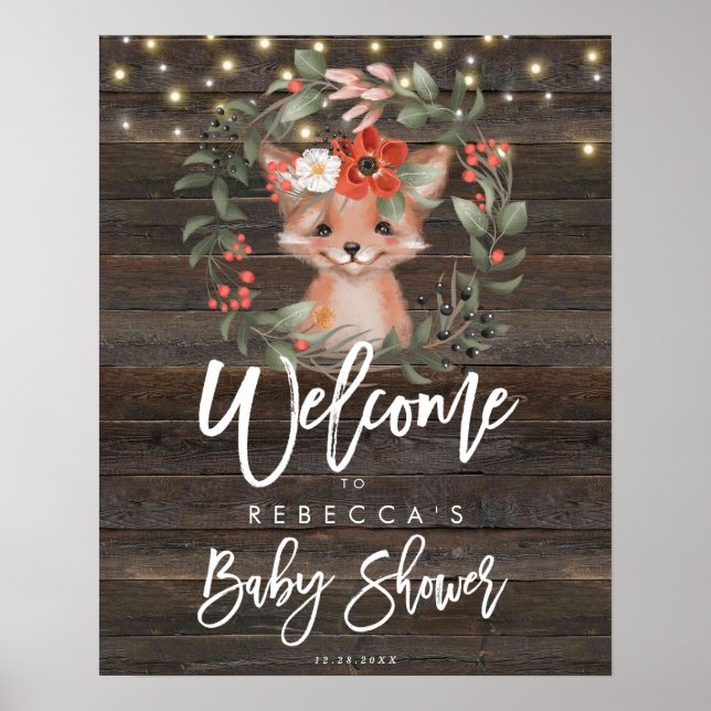 rustikales niedliches Fuchs Babydusche Begrüßungsz Poster (Vorne)
