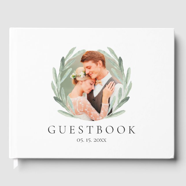 Rustikales Olive Branch Wreath Foto Hochzeit Gästebuch (Vorderseite)