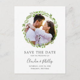 Rustikales Olive Leaf Wreath Foto Save the Date Ankündigungspostkarte