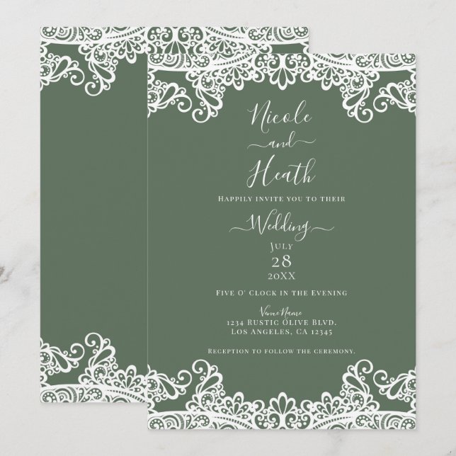 Rustikales Olive White Lace Elegante Hochzeit Einladung (Vorne/Hinten)