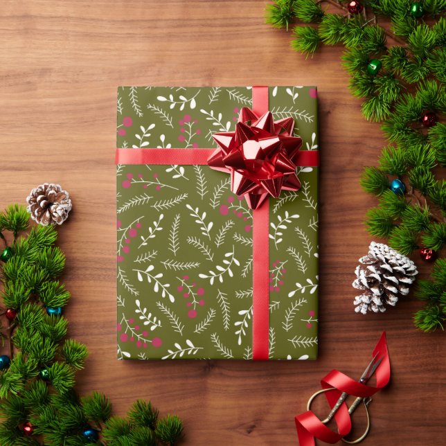 Rustikales Olivenmoos, grünes Blattwerk Geschenkpapier (Feiertagsgeschenk)
