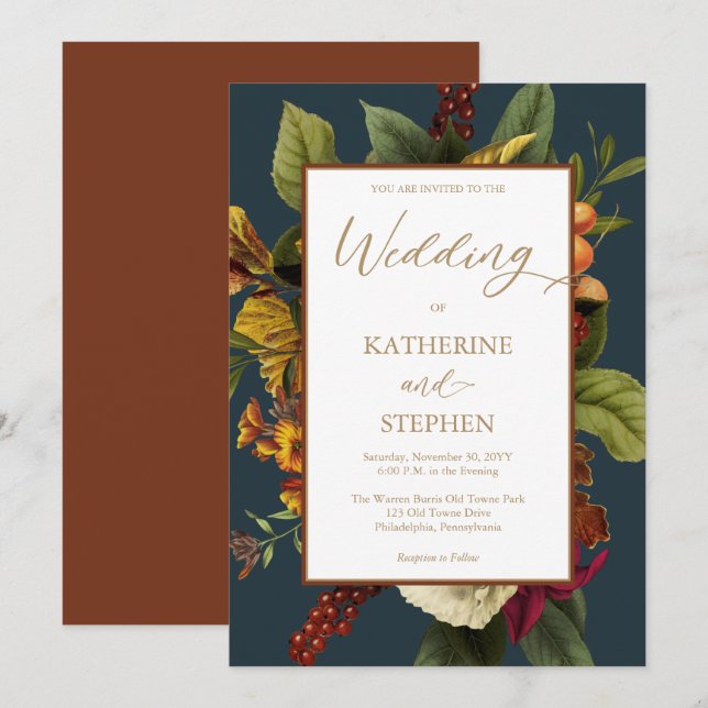 Rustikales Orange | Aquamarine Hochzeit von Red Fl Einladung (Vorne/Hinten)