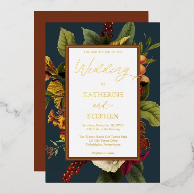 Rustikales Orange | Aquamarine Hochzeit von Red Fl Folieneinladung (Vorderseite/Rückseite)