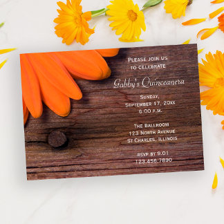 Rustikales Orange Barholz Daisy Quinceanera Party Einladung