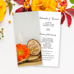 Rustikales Orange Daisy Woodland Hochzeitsprogramm Programm