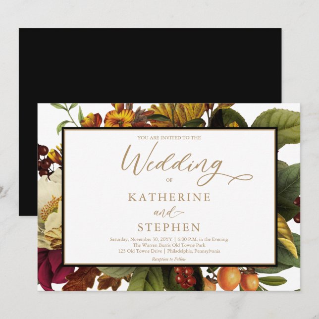 Rustikales Orange | Red Floral Bouquet Wedding Einladung (Vorne/Hinten)