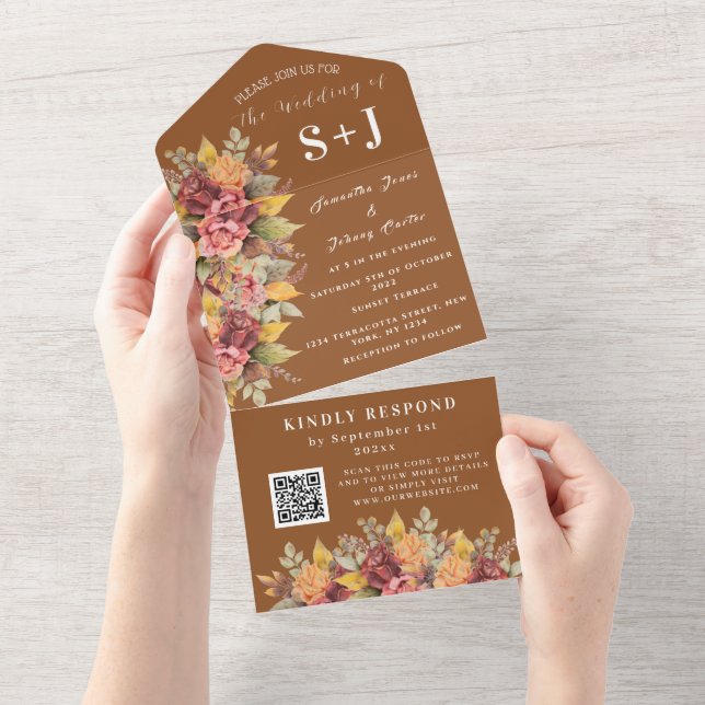 Rustikales Orange Terracotta Fall Boho Wedding RSV All In One Einladung (Abreißen)