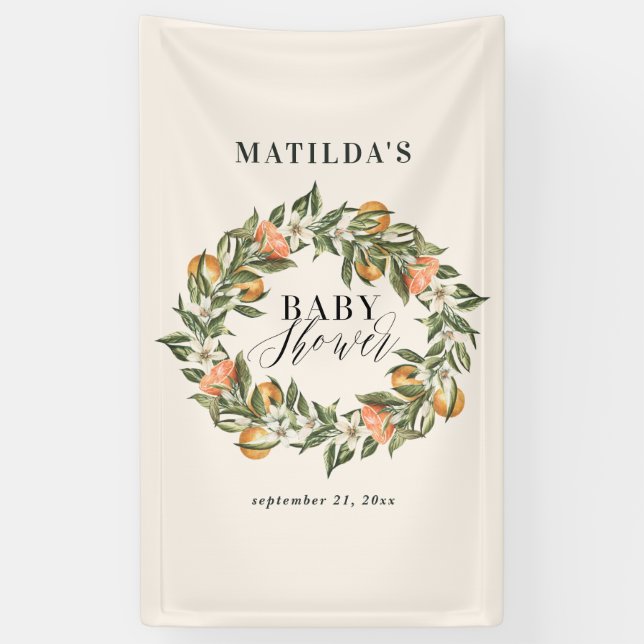 Rustikales Orangenzitrus botanisches Babydusche Pa Banner (Vertikal)