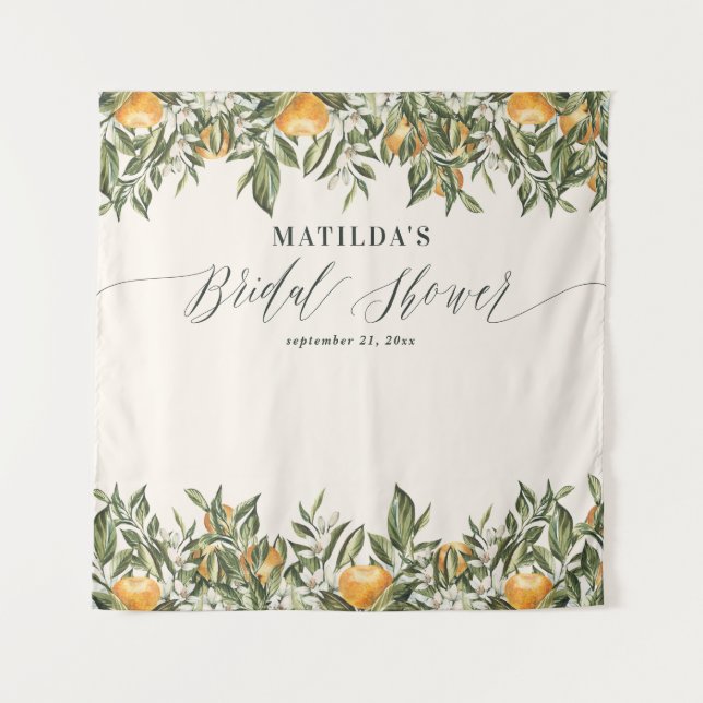 Rustikales Orangenzitrus botanisches Brautparty Pa Wandteppich (Vorderseite)