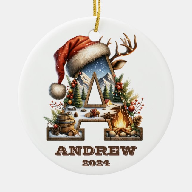 Rustikales Outdoor Letter A Holiday Adventure Keramik Ornament (Vorne)