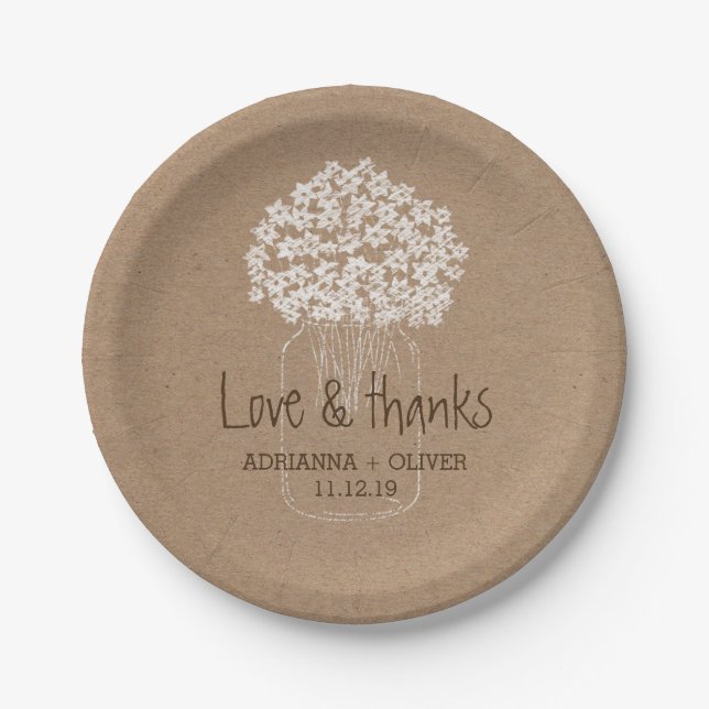 Rustikales Packpapier-Weckglas-Blumenhochzeit Pappteller (Vorderseite)