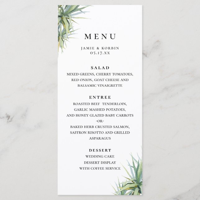 Rustikales Palm Leaf Beach Hochzeitsmenü Menükarte (Vorderseite)