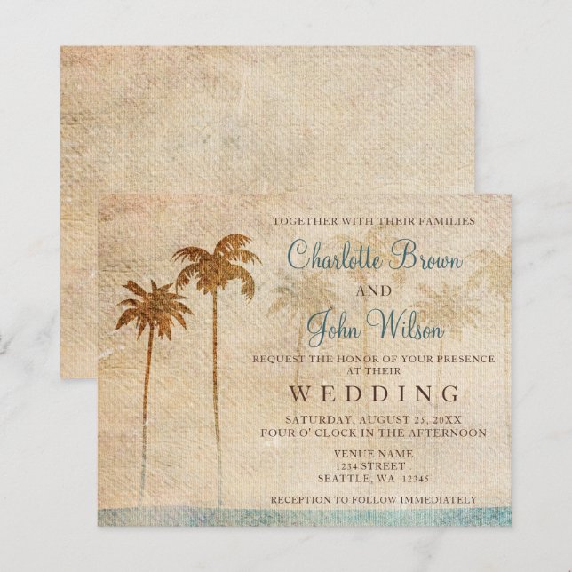 Rustikales Palm Trees Beach Einladung zur Hochzeit (Vorne/Hinten)