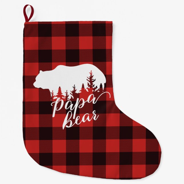 Rustikales Papa Bear Red & Black Buffalo Kariert Großer Weihnachtsstrumpf (Vorderseite)