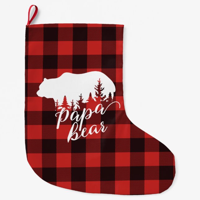 Rustikales Papa Bear Red & Black Buffalo Kariert Großer Weihnachtsstrumpf (Vorderseite)