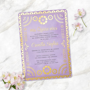 Rustikales Papel Picado Lila Gold Quinceñera Folieneinladung
