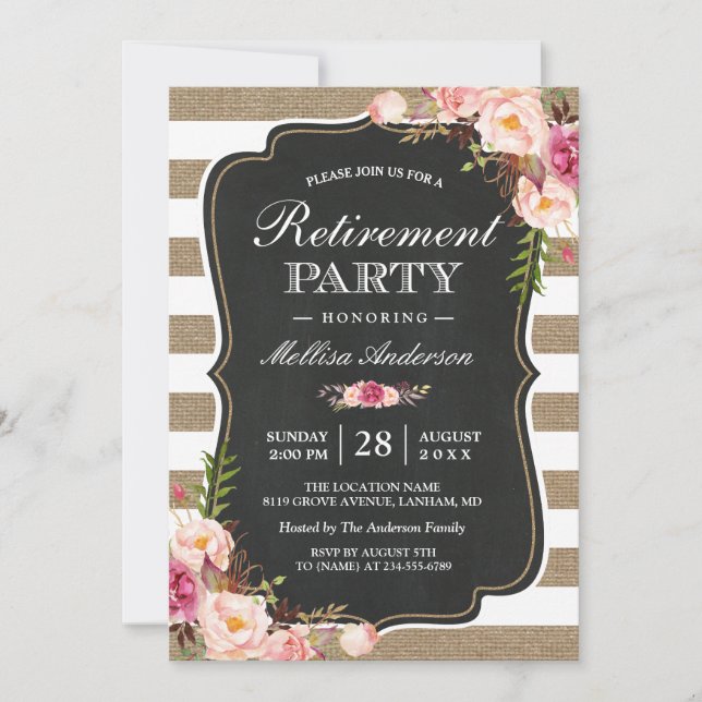 Rustikales Party | Floral Burlap Streifen Einladung (Vorderseite)
