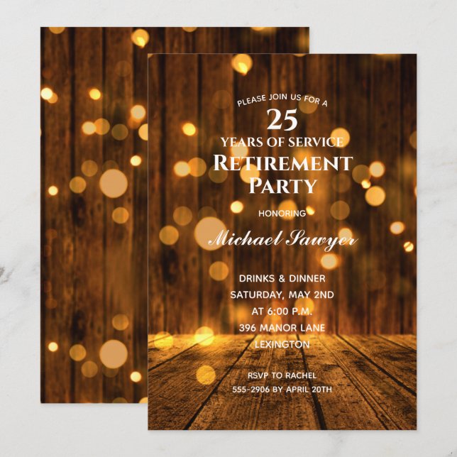 Rustikales Party für Holz und Leuchten Einladung (Vorne/Hinten)