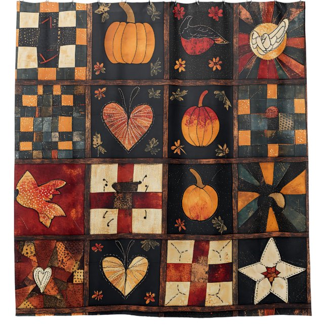 Rustikales Patchwork | Folk Art Herbst Quilt Muste Duschvorhang (Vorderseite)