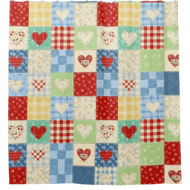 Rustikales Patchwork-Herzen-Picknick-Muster (1) Duschvorhang (Vorderseite)