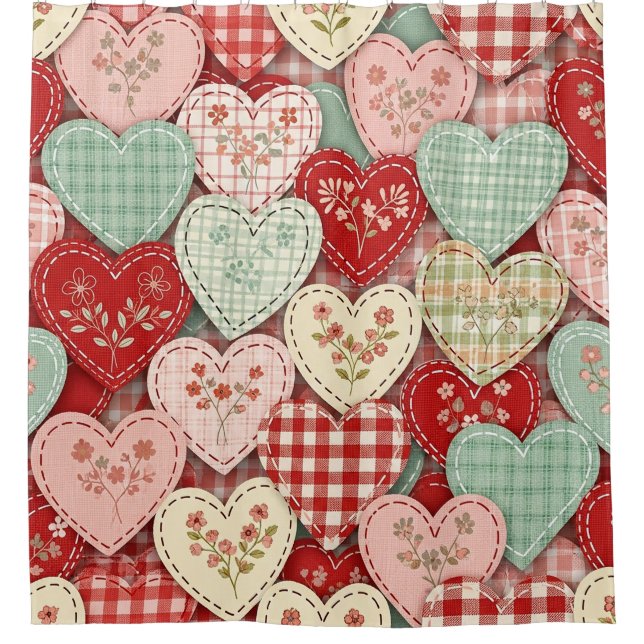 Rustikales Patchwork-Herzen-Picknick-Muster (3) Duschvorhang (Vorderseite)