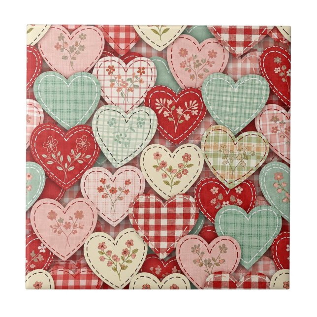 Rustikales Patchwork-Herzen-Picknick-Muster (3) Fliese (Vorderseite)