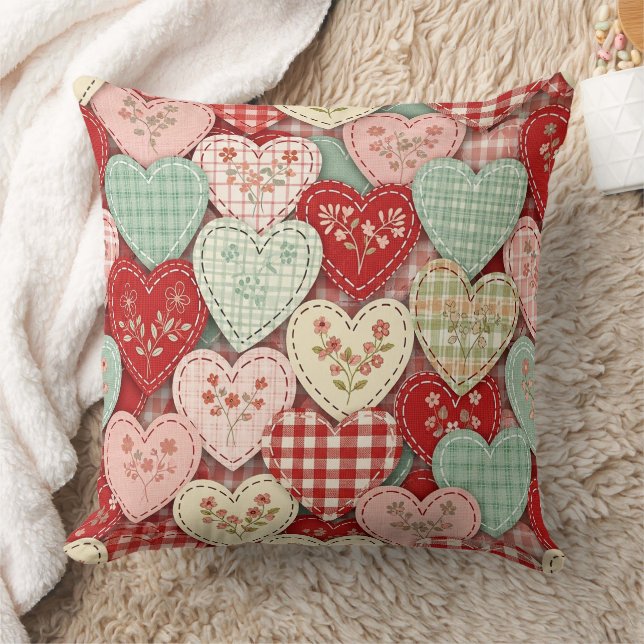 Rustikales Patchwork-Herzen-Picknick-Muster (3) Kissen (Decke)