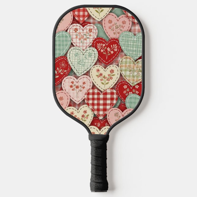 Rustikales Patchwork-Herzen-Picknick-Muster (3) Pickleball Schläger (Vorderseite)
