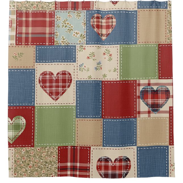 Rustikales Patchwork-Herzen-Picknick-Muster (4) Duschvorhang (Vorderseite)
