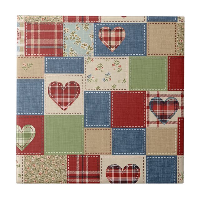 Rustikales Patchwork-Herzen-Picknick-Muster (4) Fliese (Vorderseite)