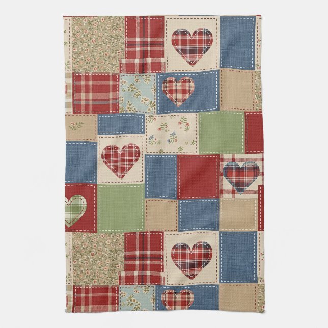 Rustikales Patchwork-Herzen-Picknick-Muster (4) Geschirrtuch (Vertikal)