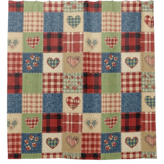 Rustikales Patchwork-Herzen-Picknick-Muster (5) Duschvorhang (Vorderseite)