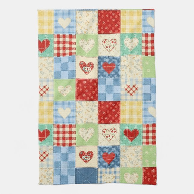 Rustikales Patchwork-Herzen-Picknick-Muster Geschirrtuch (Vertikal)