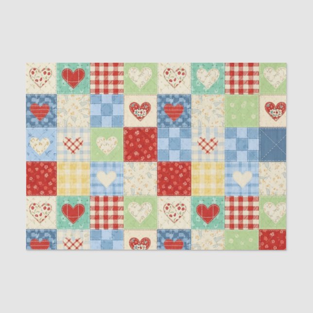 Rustikales Patchwork-Herzen-Picknick-Muster Seidenpapier (Vorderseite)