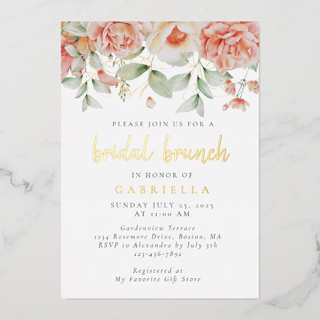 Rustikales Peach floral Bridal Brunch Gold Folieneinladung (Vorderseite)