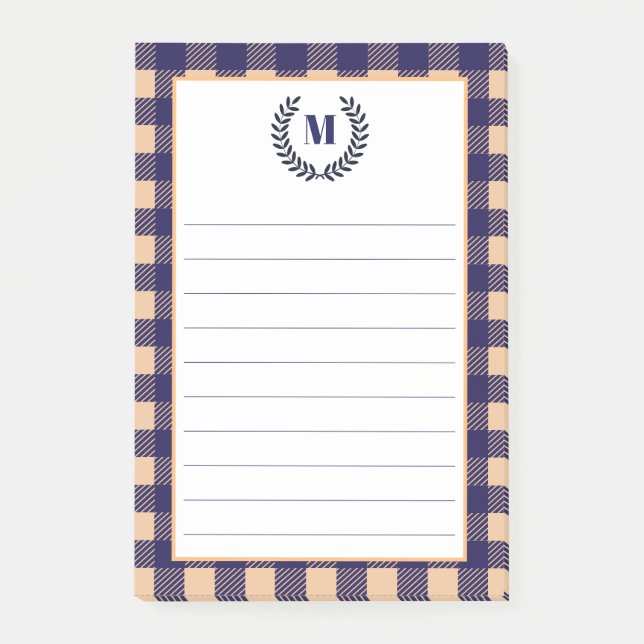 Rustikales Peach & Navy Kariert | Monogramm Post-it Klebezettel (Vorderseite)