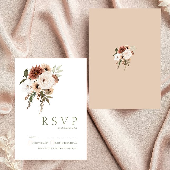 Rustikales Peach Terracotta Grüne Blumenzwiese RSVP Karte (Elegant Peach Olive Green Floral Wedding RSVP Card)