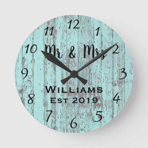 Rustikales Personalisiertes Aqua Vintages Holz Runde Wanduhr