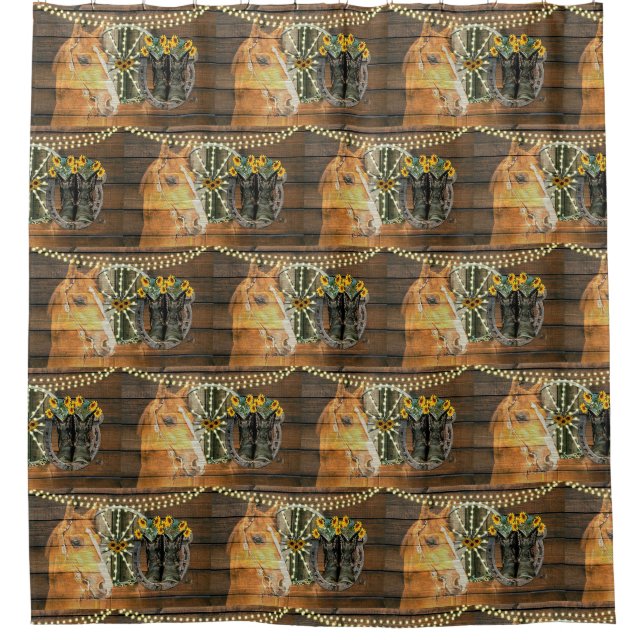 Rustikales Pferd Sonnenblumen Wagon Wheel Cowboy B Duschvorhang (Vorderseite)