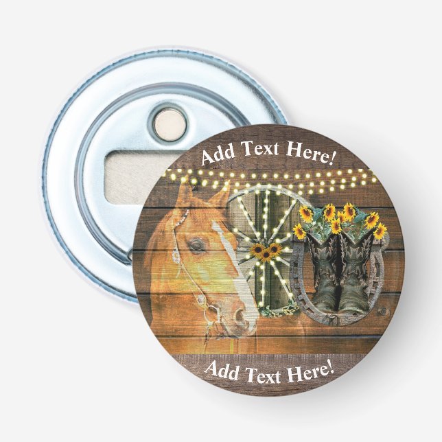 Rustikales Pferd Sonnenblumen Wagon Wheel Cowboy B Flaschenöffner (Vorderseite)