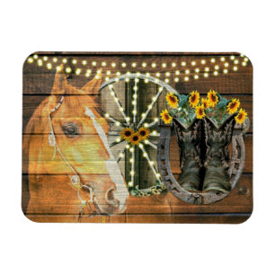 Rustikales Pferd Sonnenblumen Wagon Wheel Cowboy B Magnet