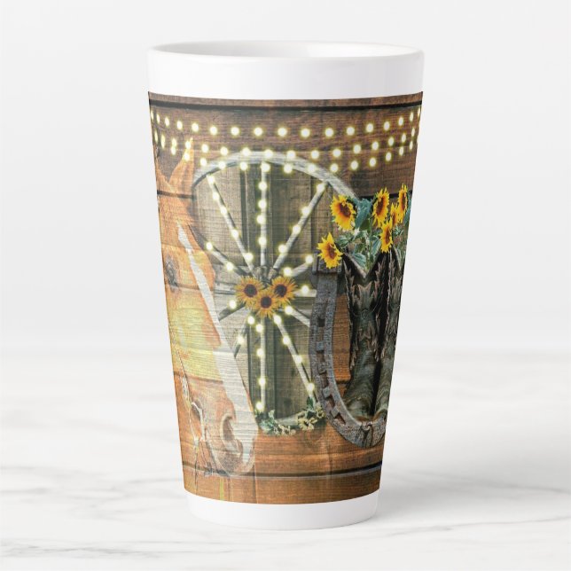 Rustikales Pferd Sonnenblumen Wagon Wheel Cowboy B Milchtasse (Vorderseite)