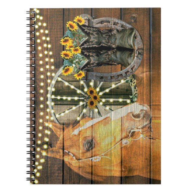Rustikales Pferd Sonnenblumen Wagon Wheel Cowboy B Notizblock (Vorderseite)