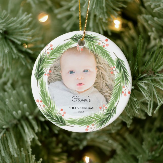 Rustikales Pine Baby 1. Weihnachtskranz Foto Keramik Ornament (Baum)