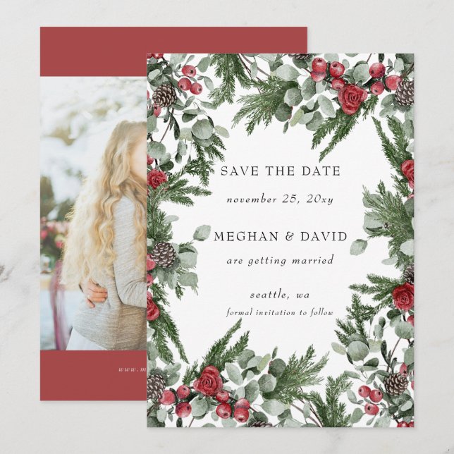 Rustikales Pine Berries Winterweihnachtsfest Foto Save The Date (Vorne/Hinten)