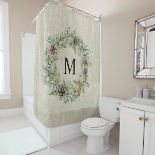 Rustikales Pine Cone Kranz Mit Monogramm Bauernhof Duschvorhang