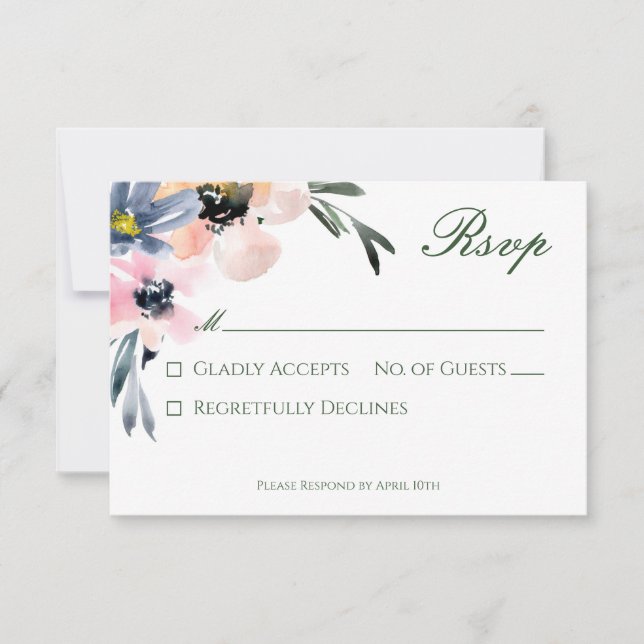 Rustikales Pink & Blue Aquarell Blumenstrauß RSVP Karte (Vorderseite)