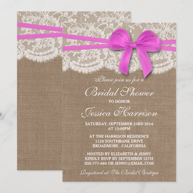Rustikales Pink Bow, Burlap & Lace Brautparty Einladung (Vorne/Hinten)
