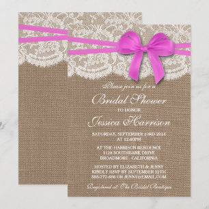 Rustikales Pink Bow, Burlap & Lace Brautparty Einladung