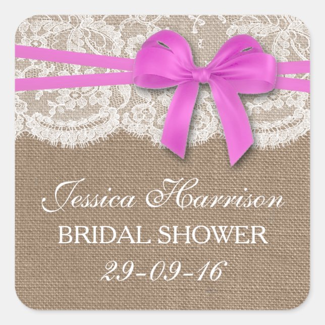 Rustikales Pink Bow, Burlap & Lace Brautparty Quadratischer Aufkleber (Vorderseite)